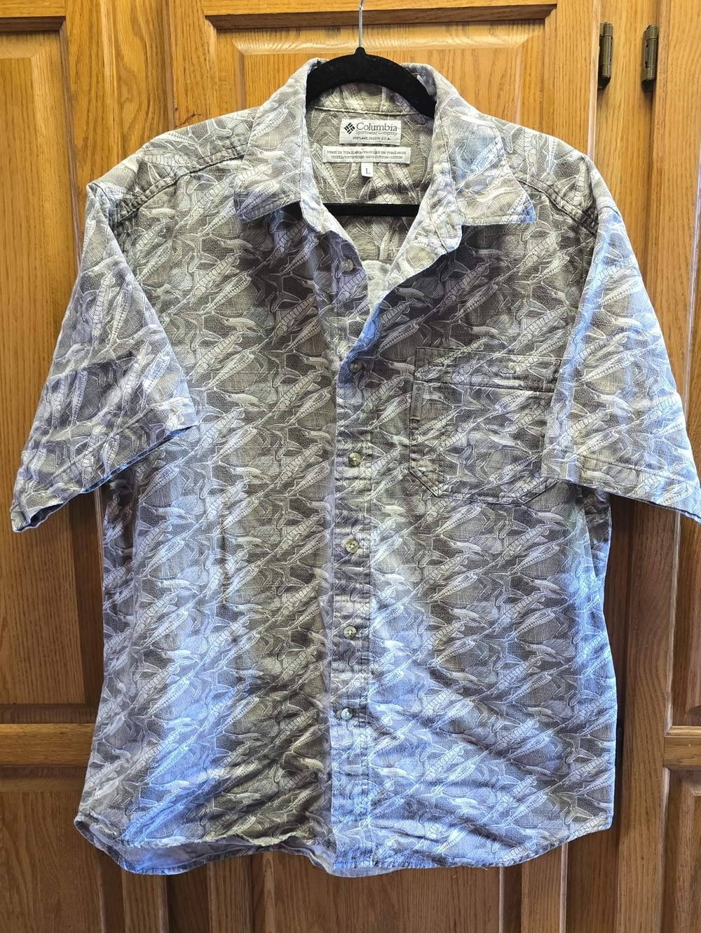 Mens Camp/Casual S/S Shirt Pocket Size L Gray Swordfish Print, Button Down
